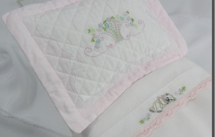 Doll Bed Sheet Embroidered Bear and Basket